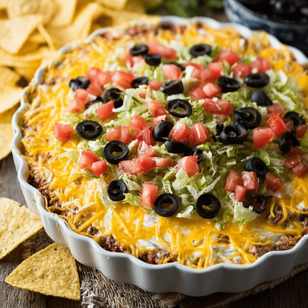 Taco dip recipe served with chips