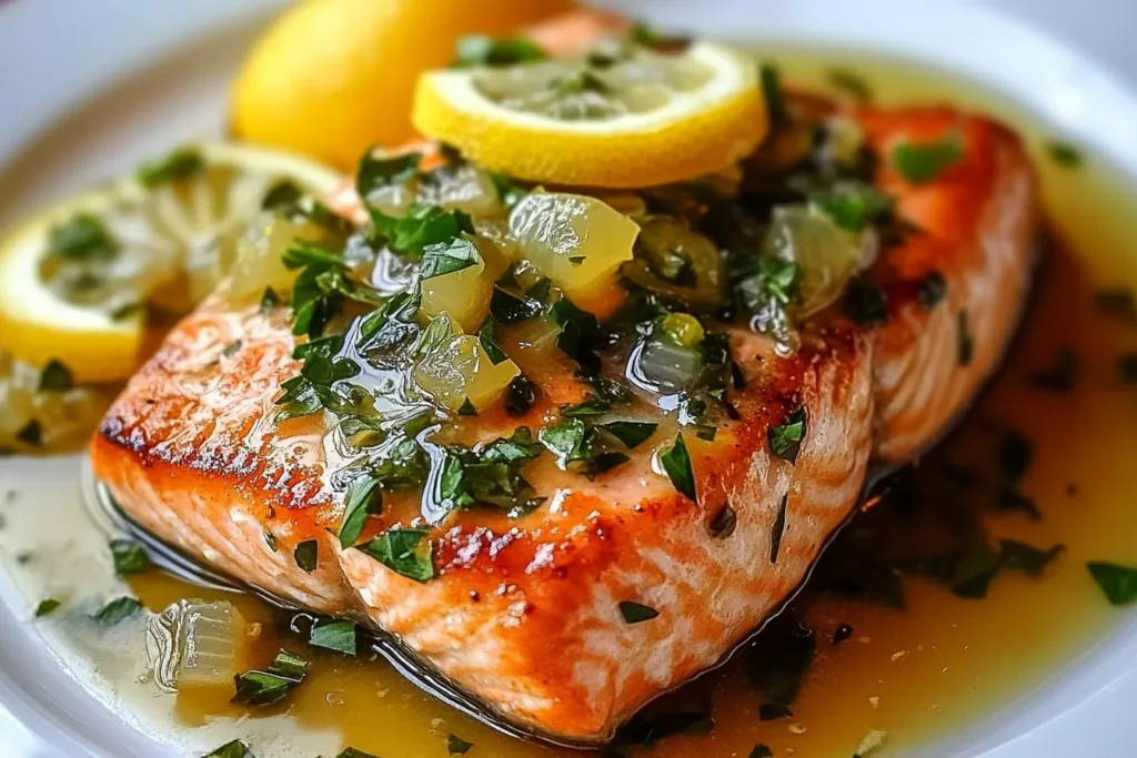 Salmon Piccata smothered in a tangy Lemon Butter Sauce