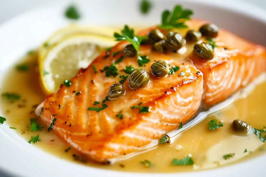 Salmon Piccata smothered in a tangy Lemon Butter Sauce