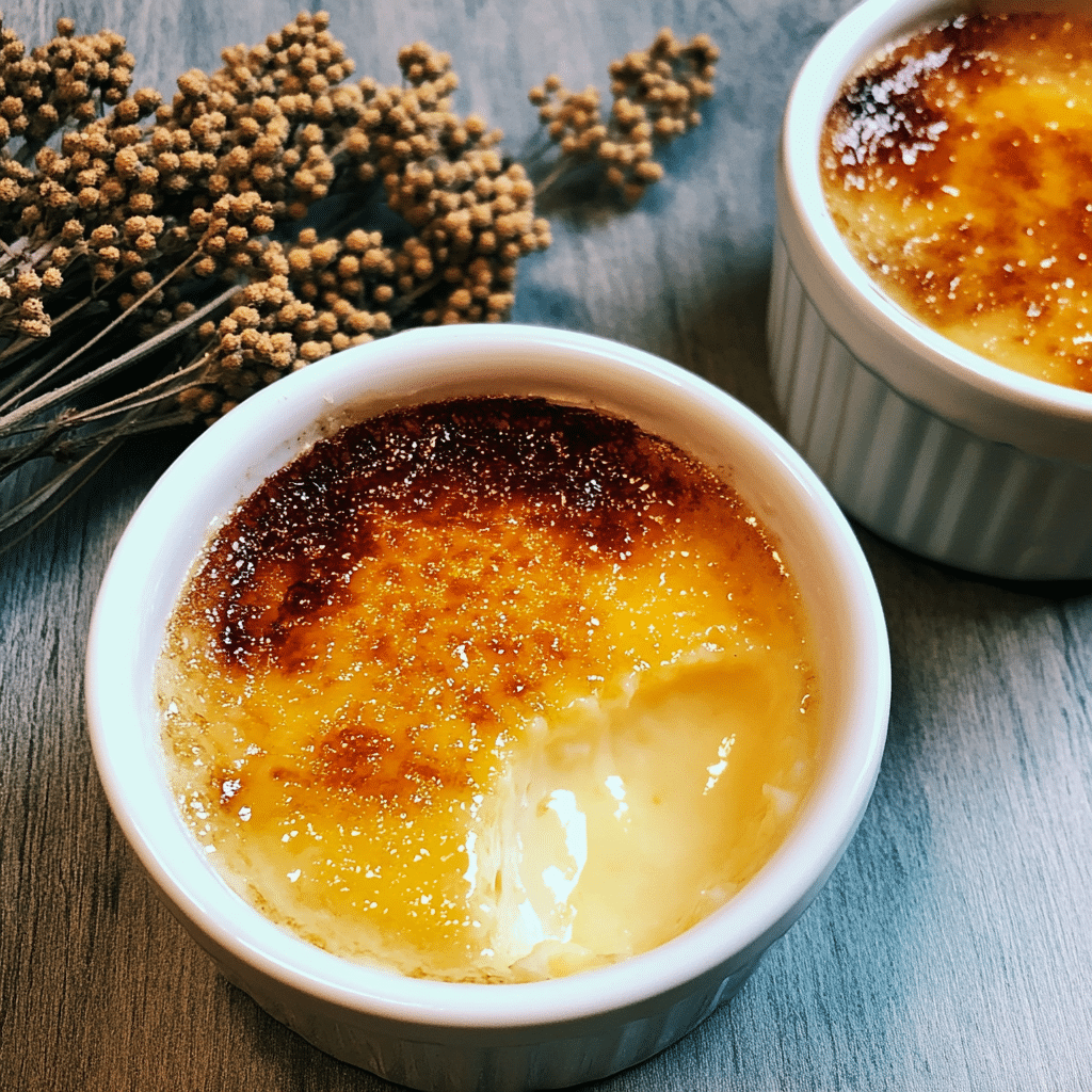 crème brûlée served with raspberries and mint