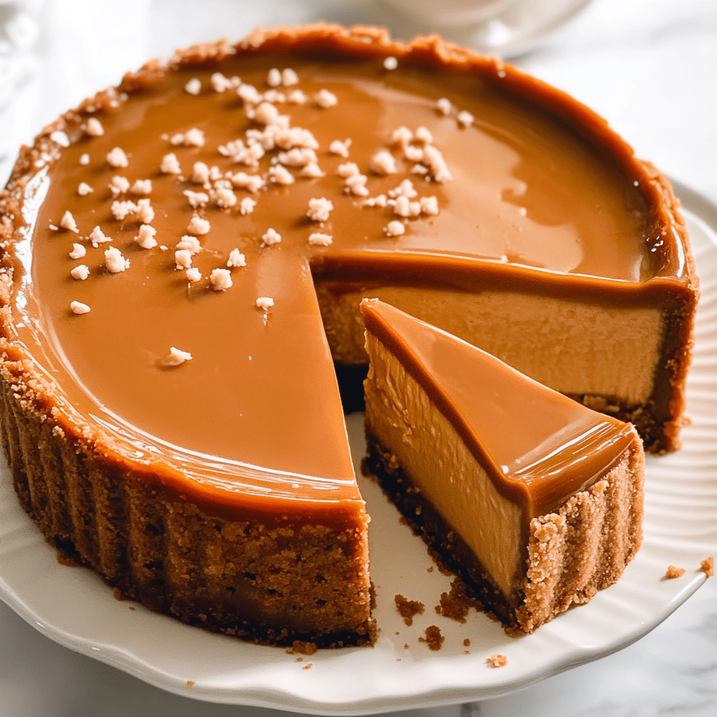 Served slice of dulce de leche instant pot cheesecake
