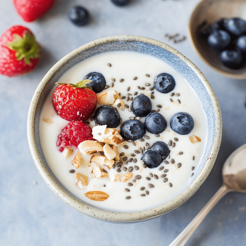 Coconut yogurt served with berries and granola