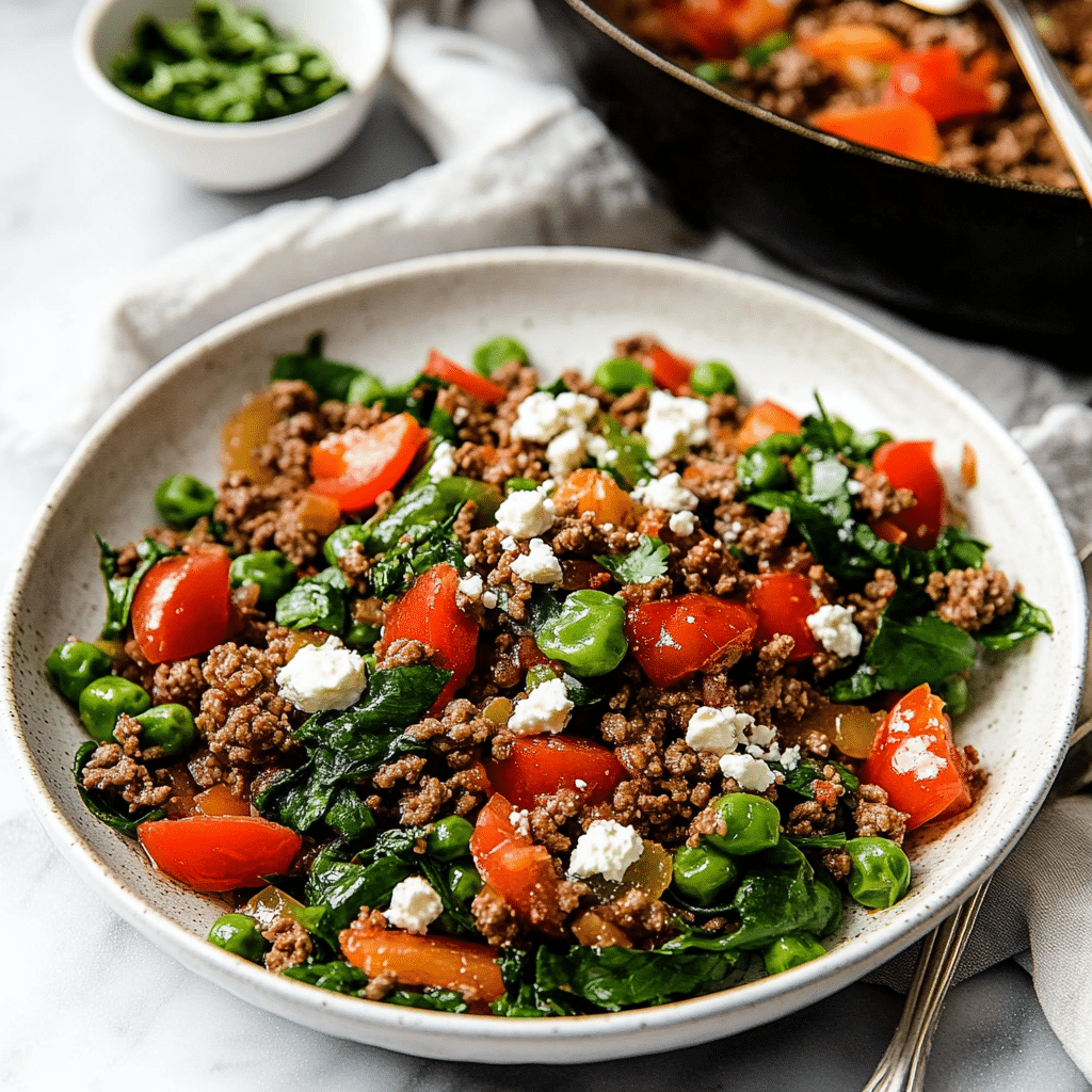 Mediterranean ground beef stir fry bowl with quinoa