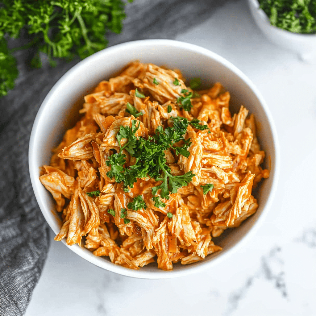 Instant Pot Buffalo Chicken in rustic bowl