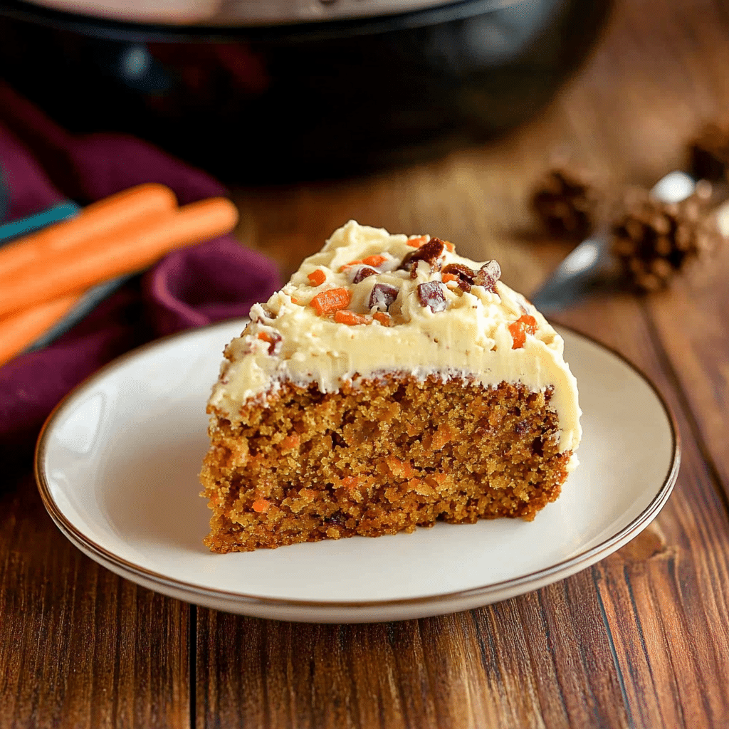 Served slice of Instant Pot Carrot Cake