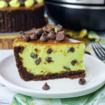 Instant Pot Mint Chocolate Chip Cheesecake on plate with pressure cooker