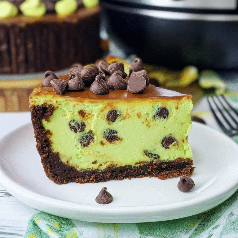 Instant Pot Mint Chocolate Chip Cheesecake on plate with pressure cooker