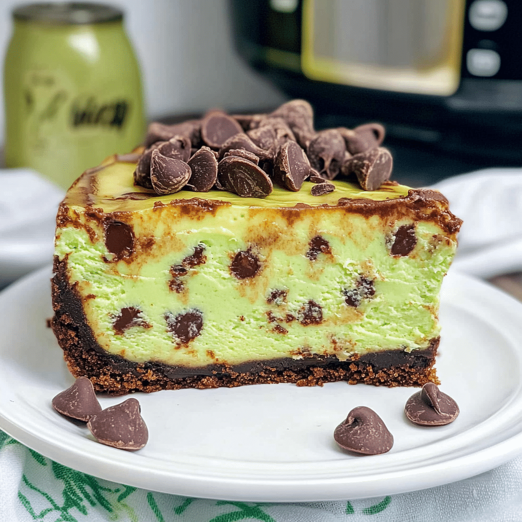 Slice of Instant Pot Mint Chocolate Chip Cheesecake with garnish