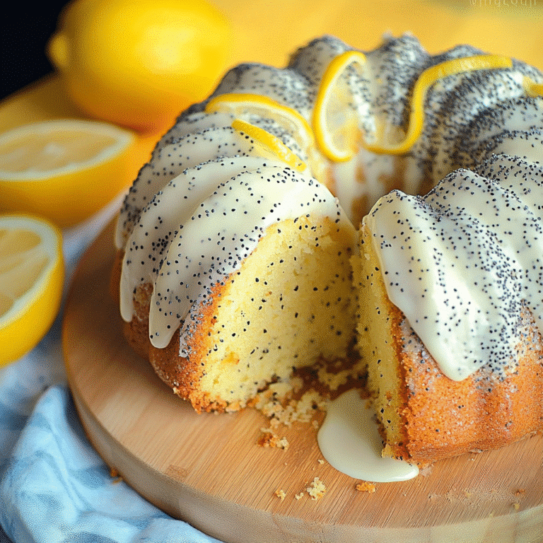 Lemon poppy seed Bundt cake with lemon glaze on rustic table