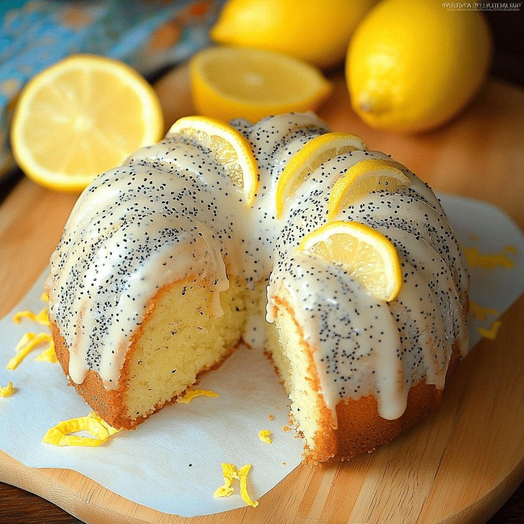 Slice of lemon poppy seed Bundt cake served with tea