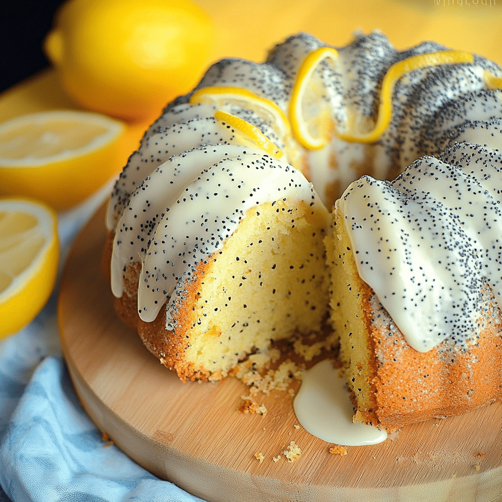 Lemon poppy seed Bundt cake with lemon glaze on rustic table