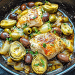 Mediterranean Lemon Chicken with Artichokes & Olives in Skillet