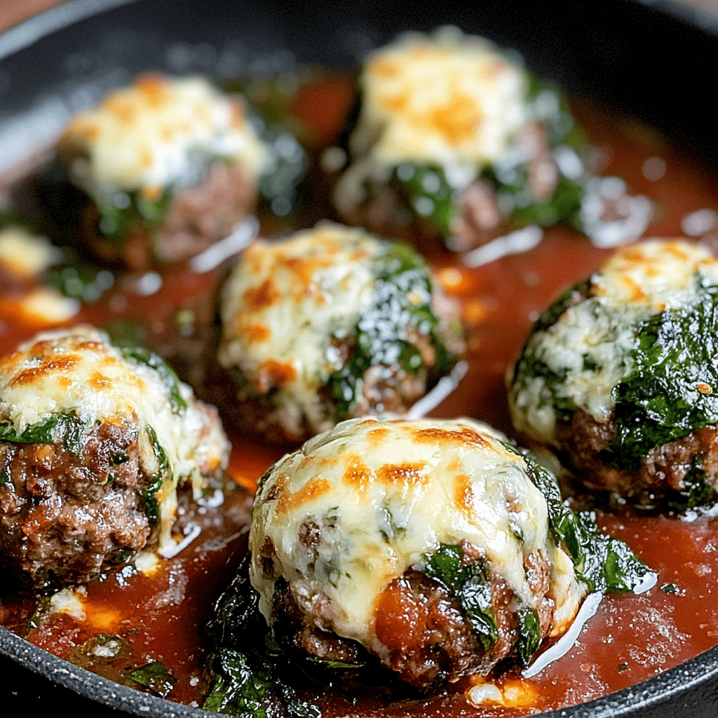Spinach Garlic Meatballs Stuffed with Mozzarella