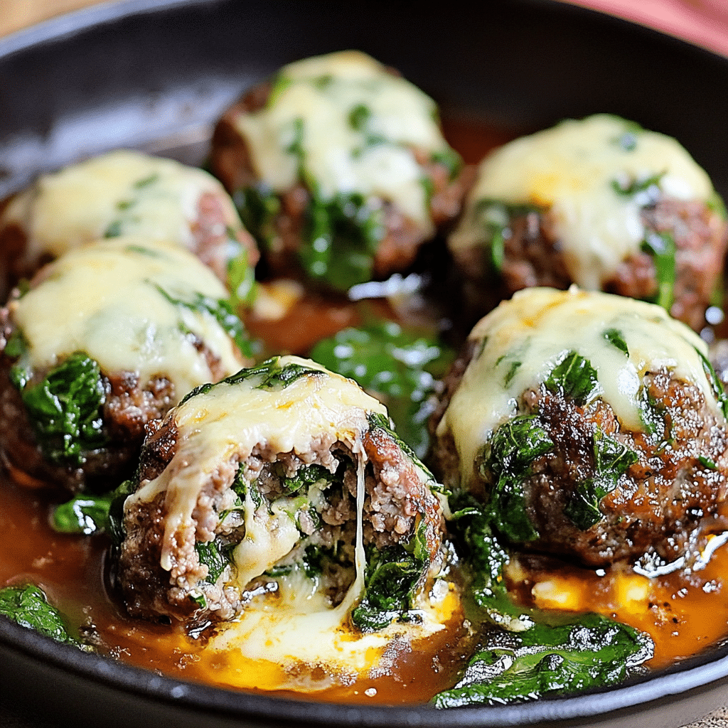 Spinach Garlic Meatballs Stuffed with Mozzarella