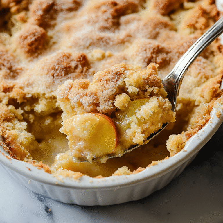 Sugar-free peach cobbler in white baking dish with golden topping