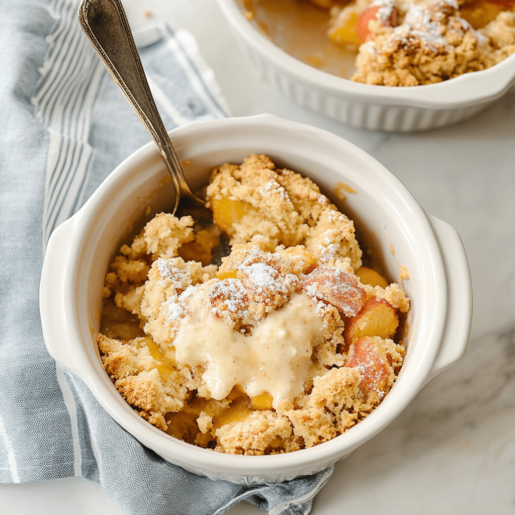 Served portion of sugar-free peach cobbler with keto ice cream