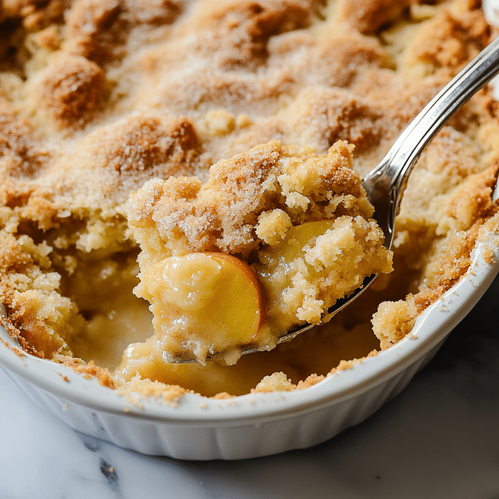 Sugar-free peach cobbler in white baking dish with golden topping