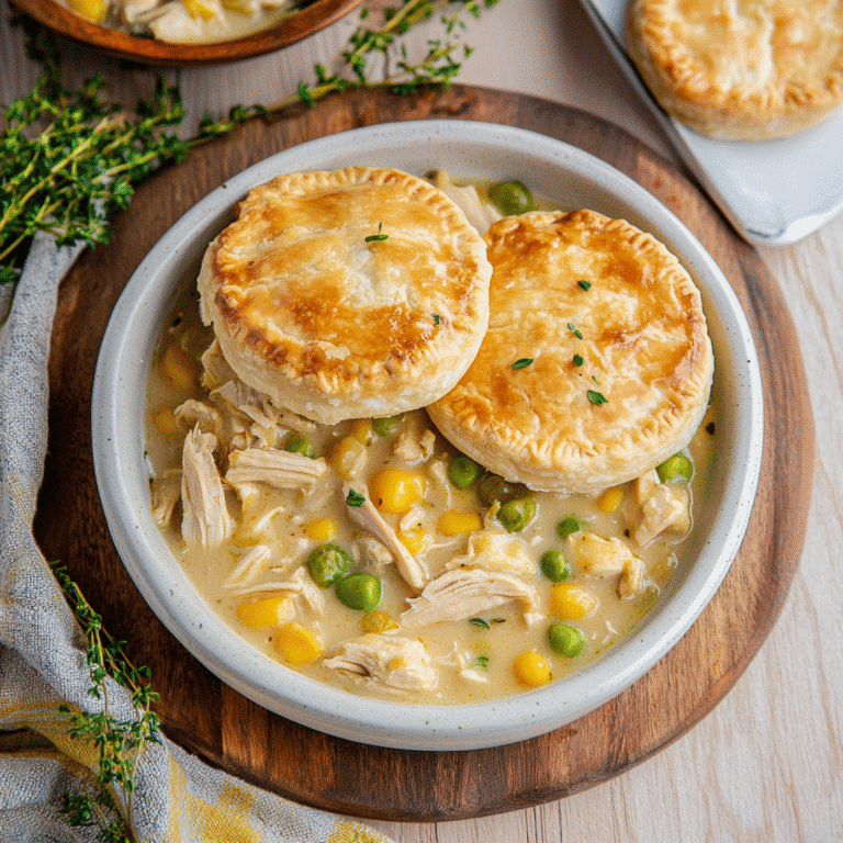 Best crockpot chicken pot pie recipe in bowl with biscuit