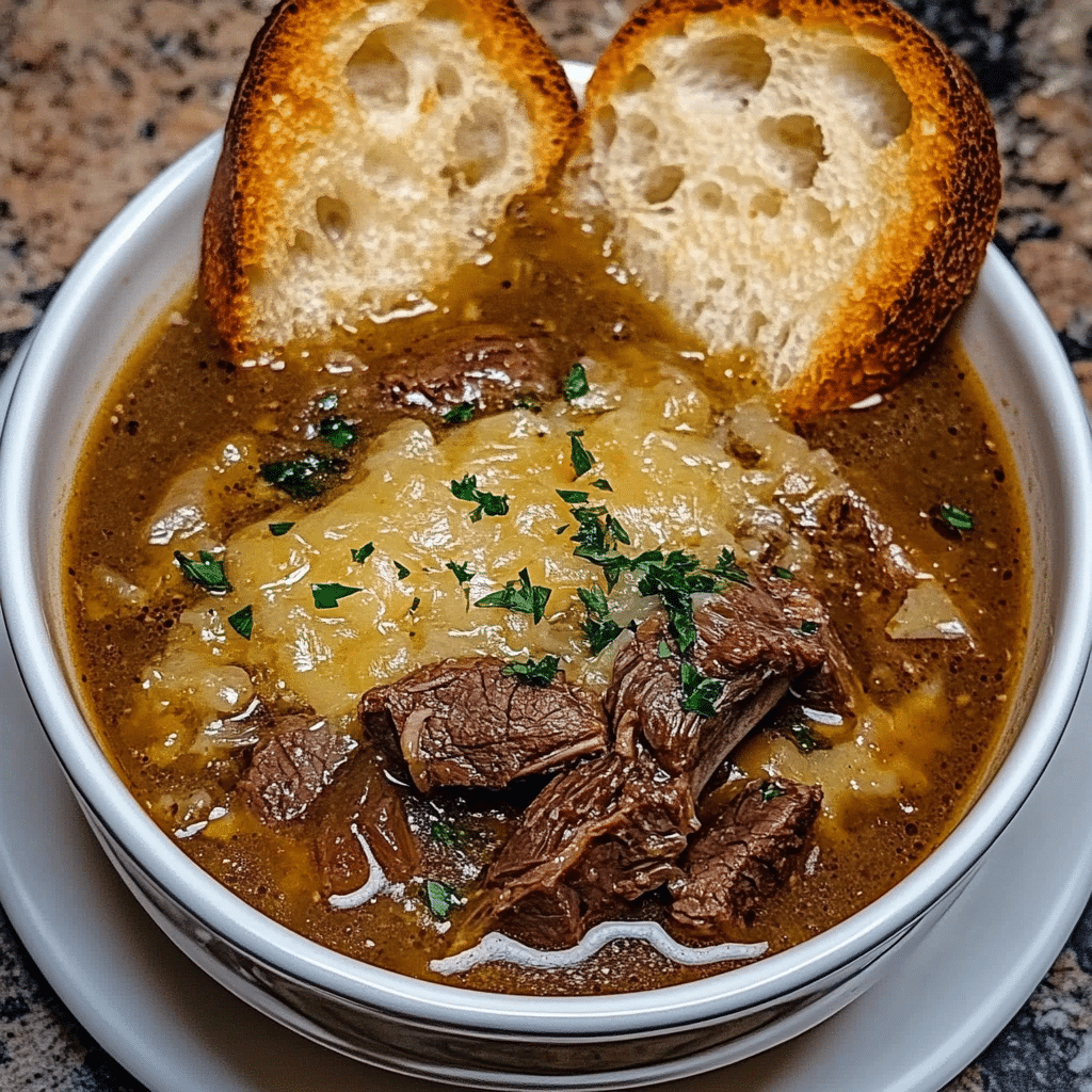 French Onion Beef Short Rib Soup with Gruyère Toast