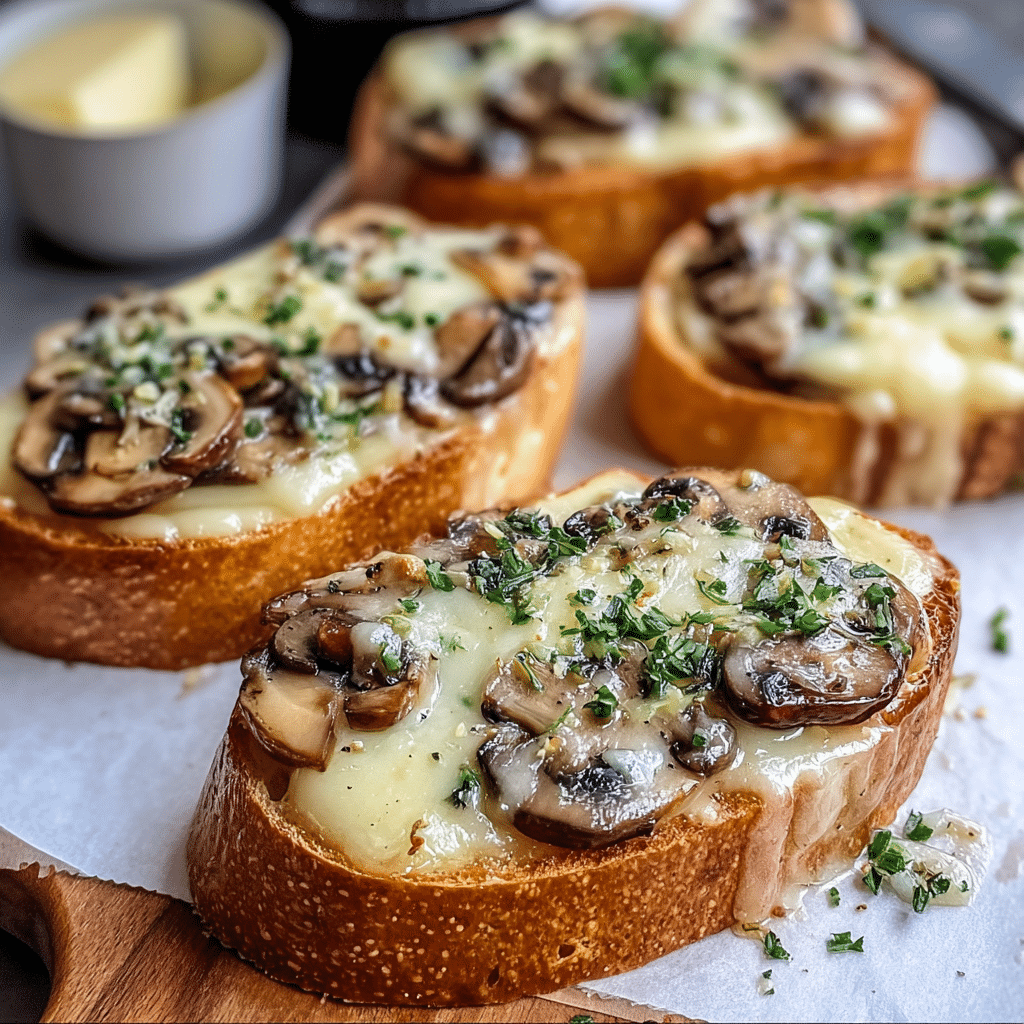 Gourmet cheesy mushroom and garlic toasts