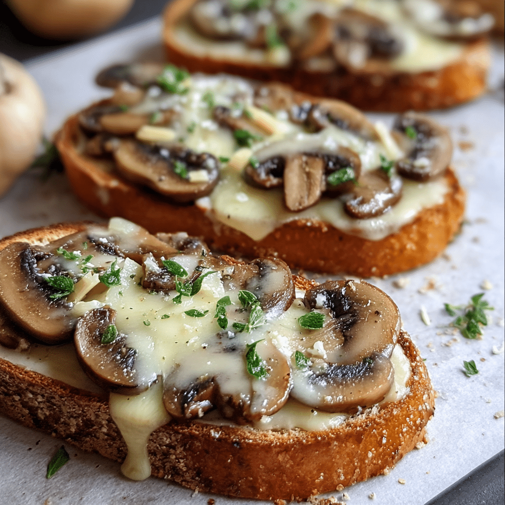 Gourmet cheesy mushroom and garlic toasts on tray