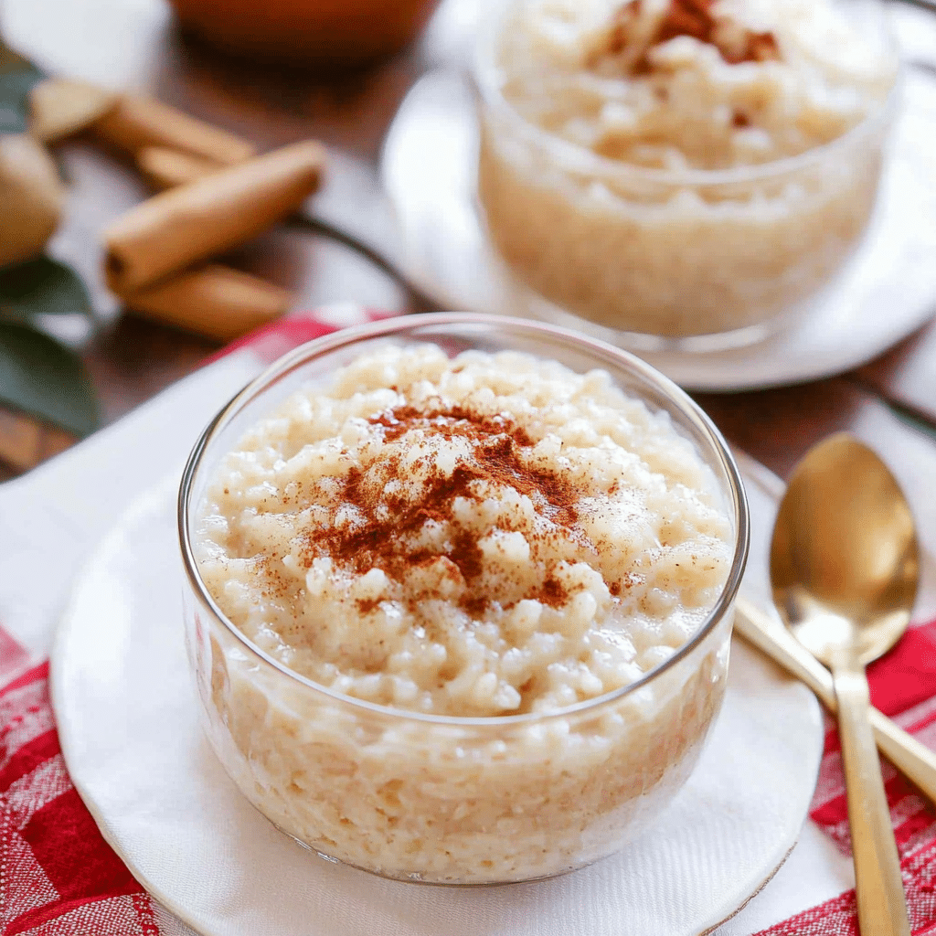 mugs of warm arroz con leche with cinnamon garnish