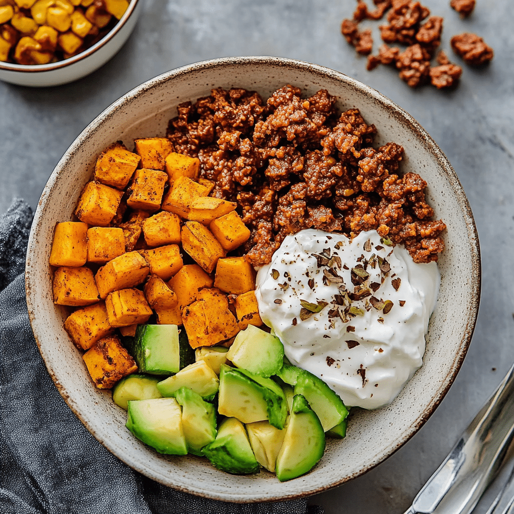 Viral sweet potato taco bowl with toppings