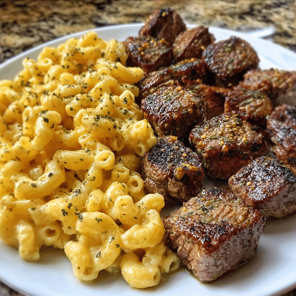 Garlic Butter Steak Bites & Creamy Mac & Cheese