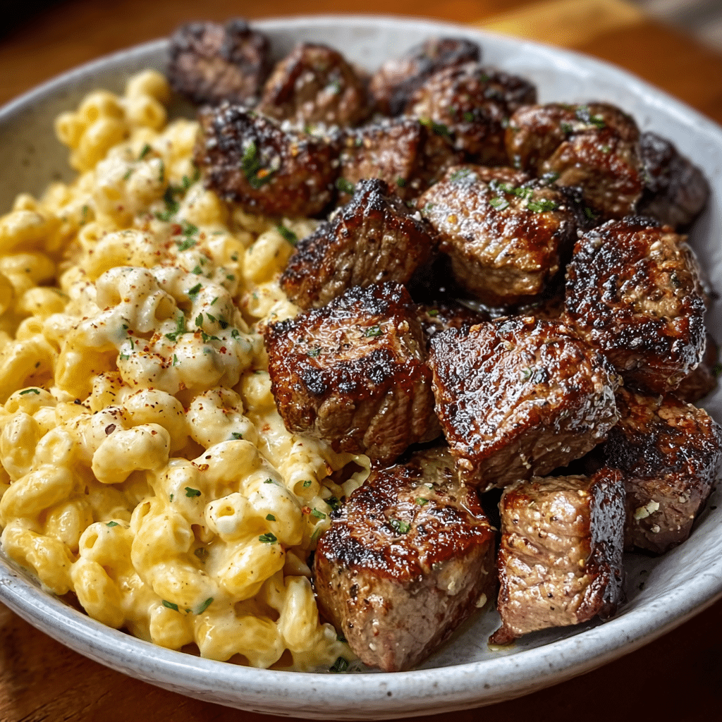 Garlic Butter Steak Bites & Creamy Mac & Cheese