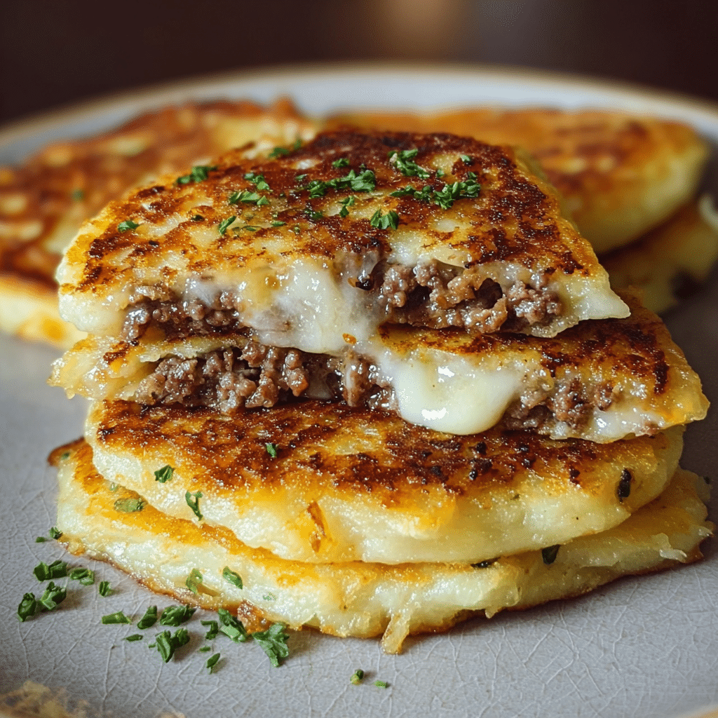 Potato Pancakes with Savory Beef and Cheese