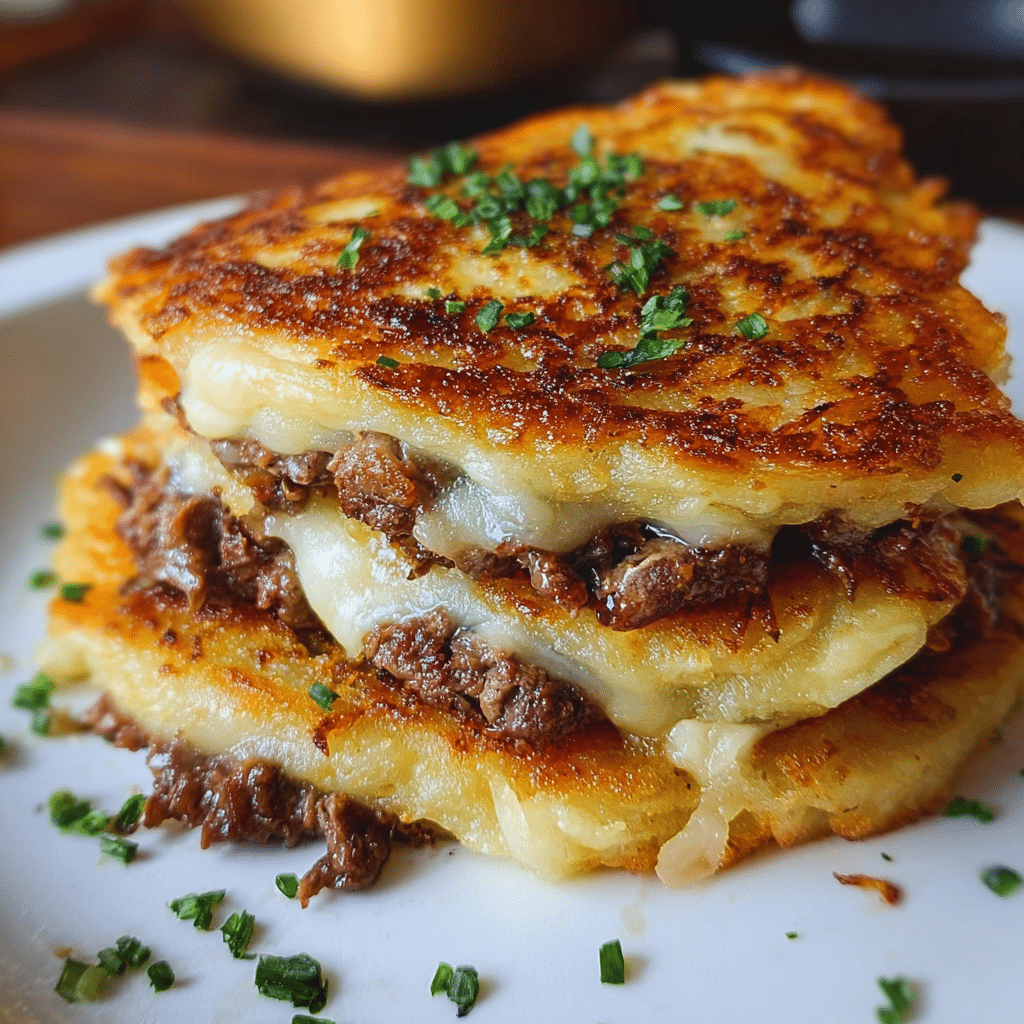 Potato Pancakes with Savory Beef and Cheese