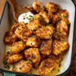Cowboy Chicken Bites in skillet with rustic kitchen backdrop