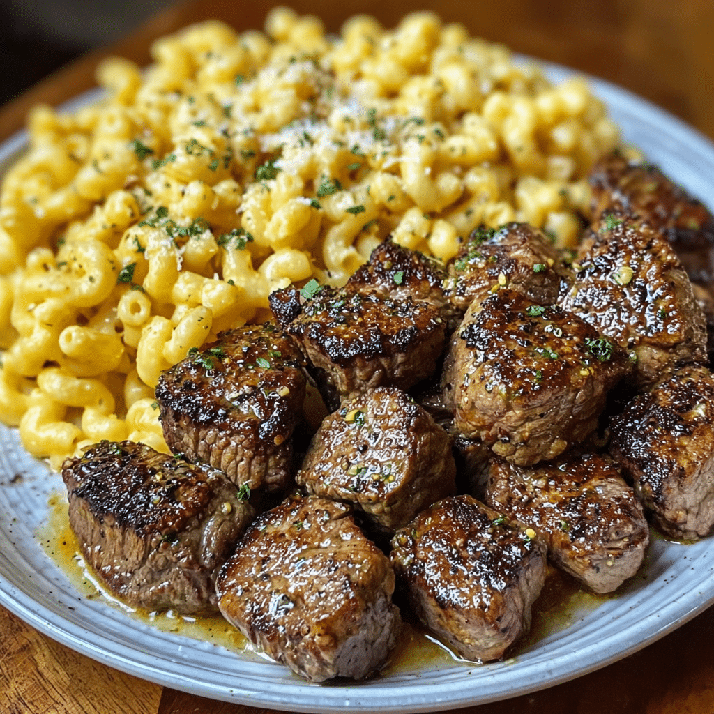 Garlic Butter Steak Bites & Creamy Mac & Cheese in cast-iron skillet